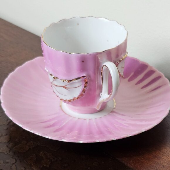 Antique Germany China "Forget Me Not" Pink Porcelain Teacup Saucer Demitasse - Picture 3 of 13